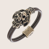 Bracelet tête de mort en argent signes viking cuir noir
