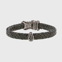 Bracelet tête de mort argent en cuir vert mâchoire amovible