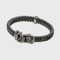 Bracelet tête de mort argent en cuir vert mâchoire amovible