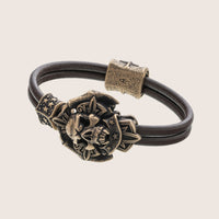 Bracelet tête de mort en argent signes viking cuir noir