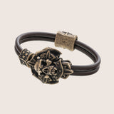 Bracelet tête de mort en argent signes viking cuir noir