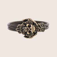 Bracelet tête de mort en argent signes viking cuir noir
