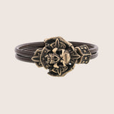 Bracelet tête de mort en argent signes viking cuir noir