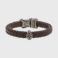 Bracelet tête de mort argent en cuir marron mâchoire amovible