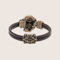 Bracelet tête de mort en argent signes viking cuir noir