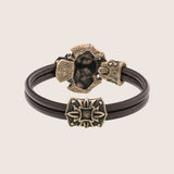 Bracelet tête de mort en argent signes viking cuir noir