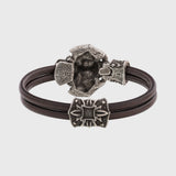 Bracelet tête de mort en argent signes viking cuir marron