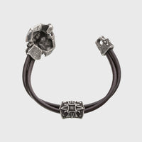 Bracelet tête de mort en argent signes viking cuir marron