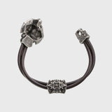 Bracelet tête de mort en argent signes viking cuir marron