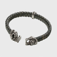 Bracelet tête de mort argent en cuir vert mâchoire amovible