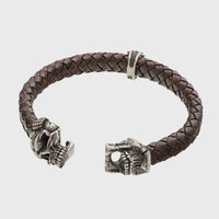 Bracelet tête de mort argent en cuir marron mâchoire amovible