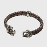 Bracelet tête de mort argent en cuir marron mâchoire amovible